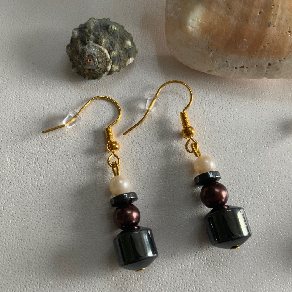 New Handcrafted Hematite and White/Brown Faux Pearl Beaded Dangle/Drop Earrings